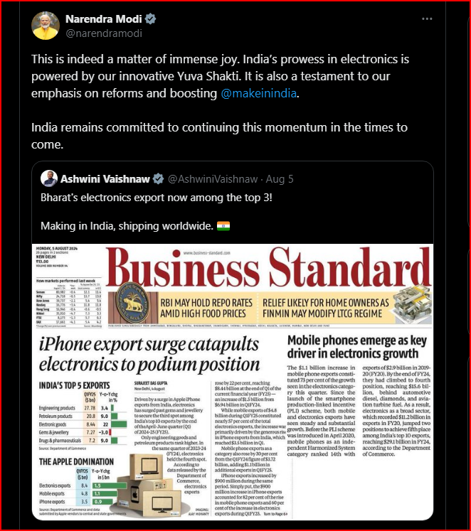 इलेक्ट्रॉनिक्स निर्यात(Electronics Export) में भारत का विश्व में नंबर वन स्थान 